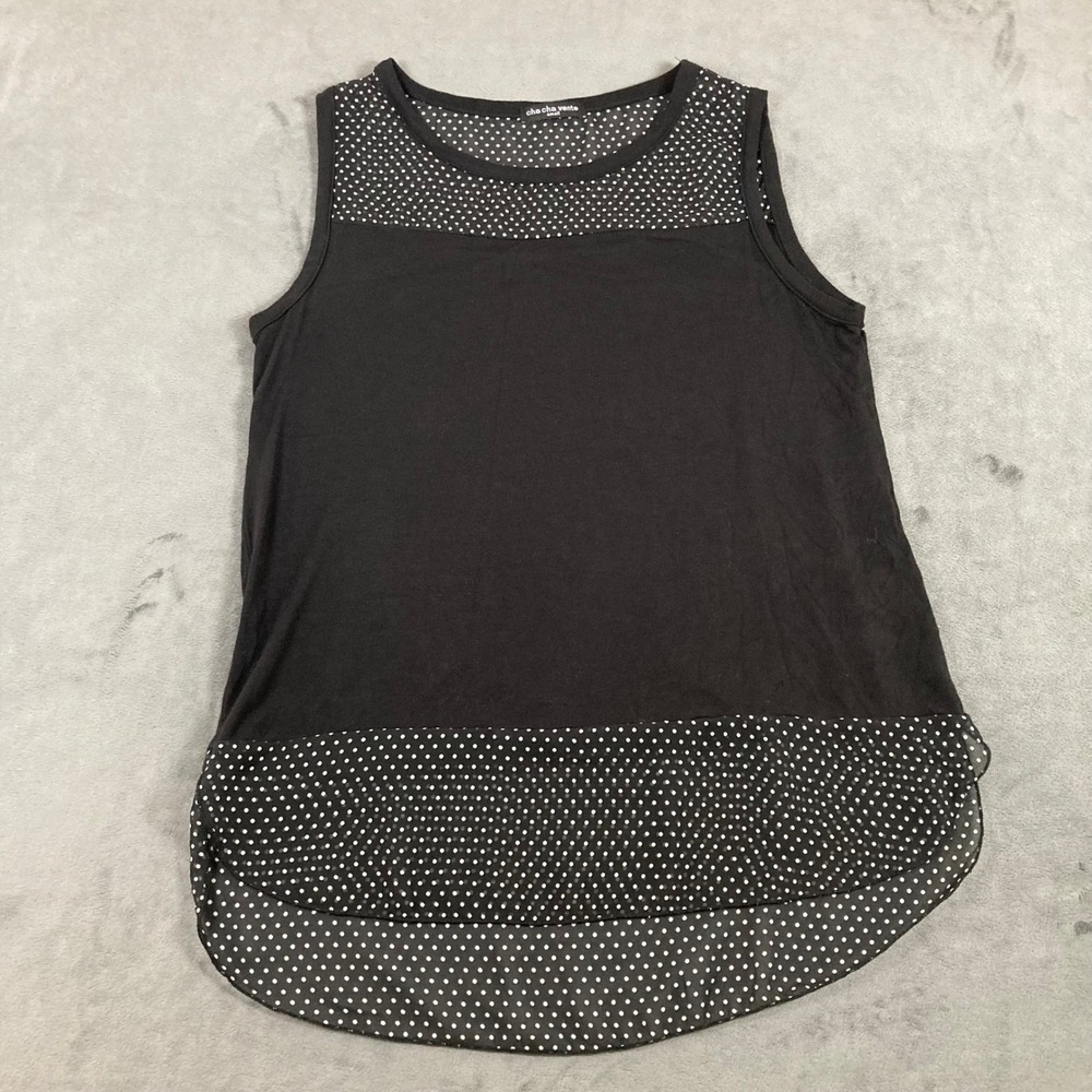 Cha Cha Vente Black Polka Dot Sheer Mesh Yoke High Low Sleeveless Top Small